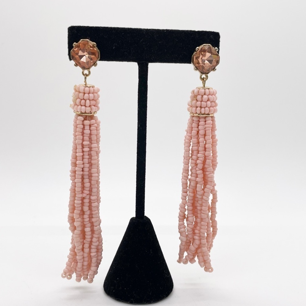 Pink Long Tassel Seed Bead Earrings Crystal Beaded Style Funky Artsy Boho